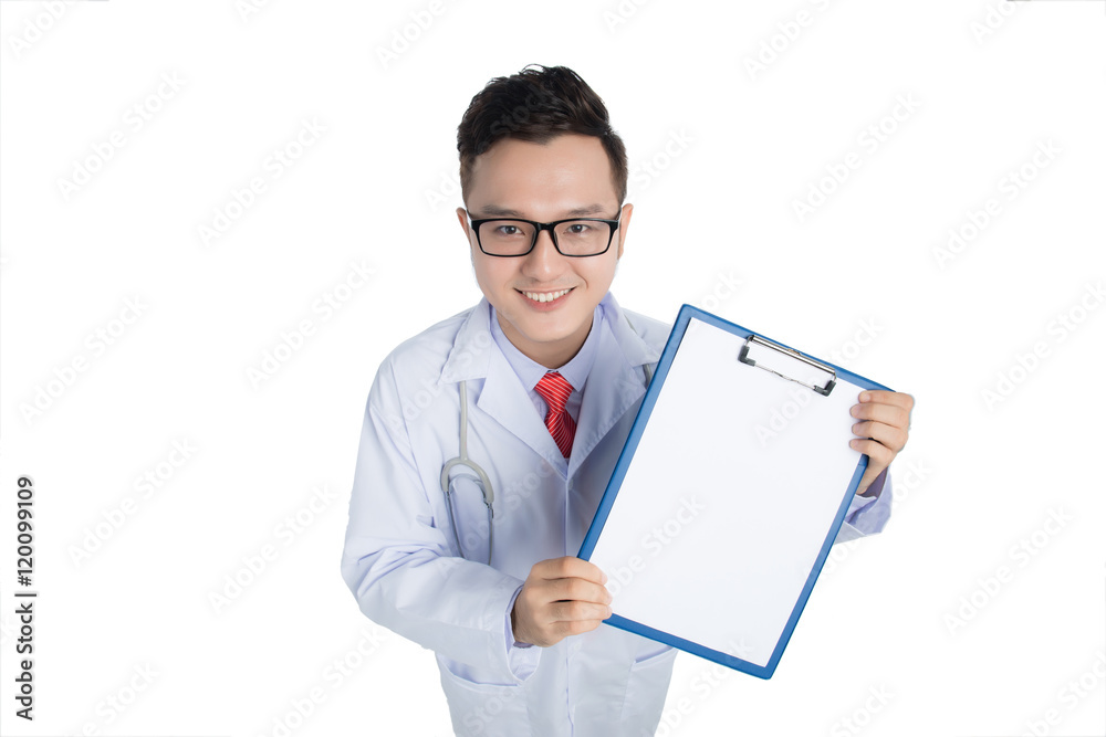Male Asian Doctor standing with folder, isolated on white backgr Male Asian Doctor standing with folder, isolated on white backgr