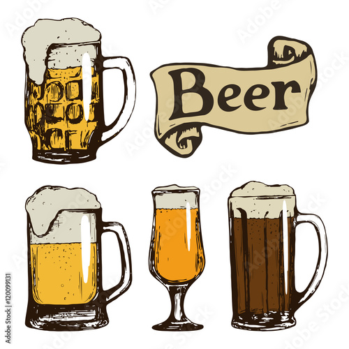 Set of beer glasses. Hand drawn vintage illustration. Vector.