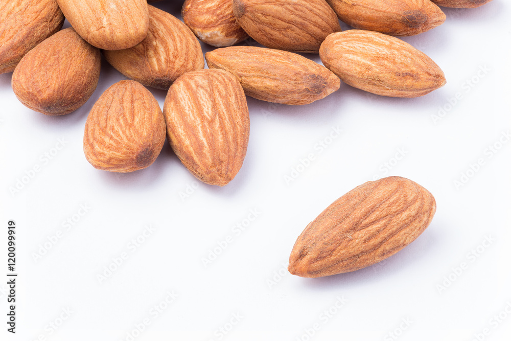 Close up of almonds on white Close up of almonds on white