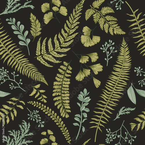 Seamless floral pattern with herbs and leaves.