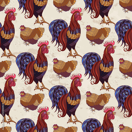 Set of red roosters. Hand-drawn doodle silhouette with gradients