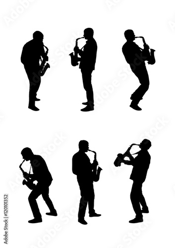 Silhouettes musician playing a saxophone on a white background