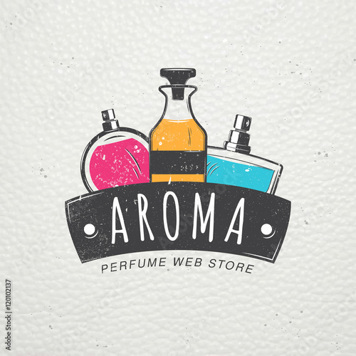 The Fragrance Shop. Exclusive boutique with aromatic oils. Detailed elements. Old retro vintage grunge. Scratched, damaged, dirty effect. Typographic labels, stickers, logos and badges.
