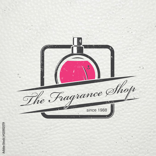 The Fragrance Shop. Exclusive boutique with aromatic oils. Detailed elements. Old retro vintage grunge. Scratched, damaged, dirty effect. Typographic labels, stickers, logos and badges.