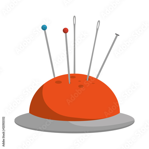 orange pincushion with pins and needle. sewing tools. vector illustration
