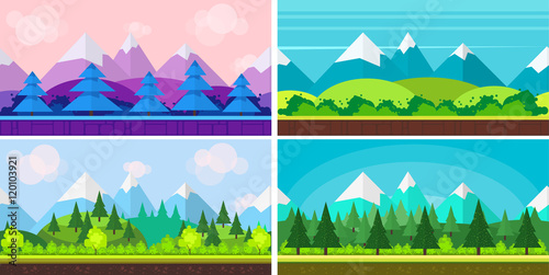 Set of seamless cartoon landscapes for game design, horizontal nature background