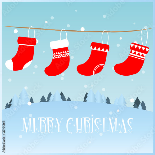 Merry Christmas greeting card with stockings vector illustration