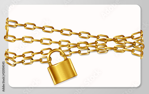 The golden metal chain and padlock, handcuffed card, vector illustration