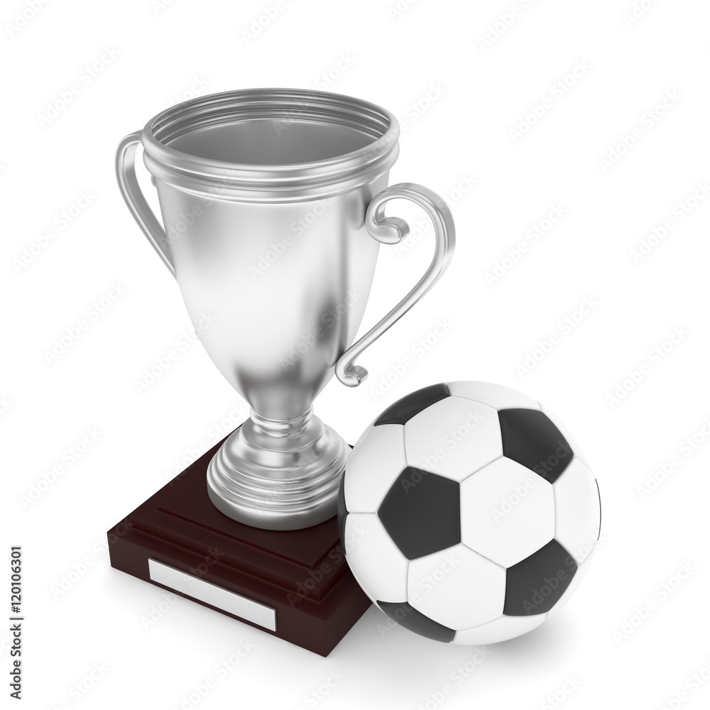 Isolated silver cup with ball on white background. Soccer and football. Second place trophy. Game and competition. 3D rendering Isolated silver cup with ball on white background. Soccer and football. Second place trophy. Game and competition. 3D rendering
