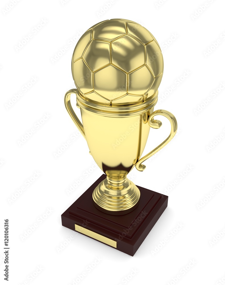 Golden cup and golden ball on white background. 3D rendering. Golden cup and golden ball on white background. 3D rendering.