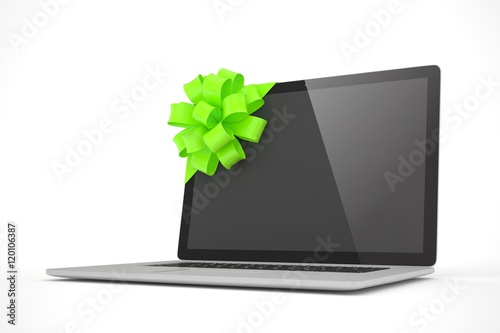 Tied laptop with green bow on white background. Modern present or gift for birthday  holiday  christmas. 3D rendering.