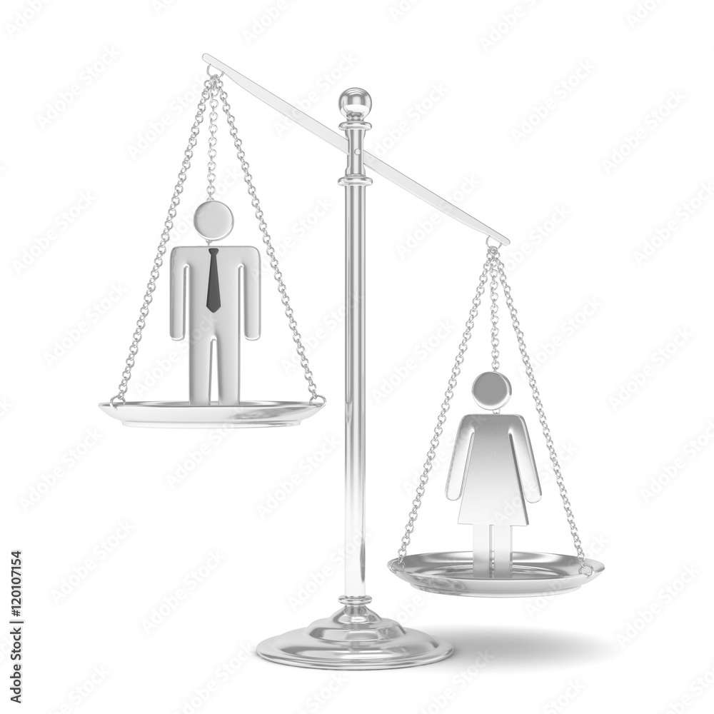 Isolated old fashioned pan scale with man and woman on white background. Gender inequality. Equality of sexes. Law issues. Silver model. 3D rendering. Isolated old fashioned pan scale with man and woman on white background. Gender inequality. Equality of sexes. Law issues. Silver model. 3D rendering.