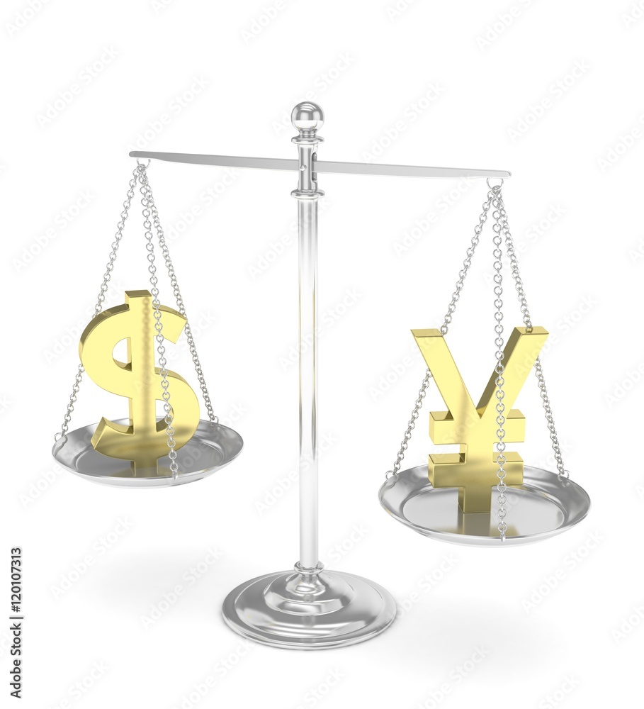 Isolated old fashioned pan scale with dollar and yuan,yen on white background. American and chinese and japanese currency. Currency equality. 3D rendering. Isolated old fashioned pan scale with dollar and yuan,yen on white background. American and chinese and japanese currency. Currency equality. 3D rendering.