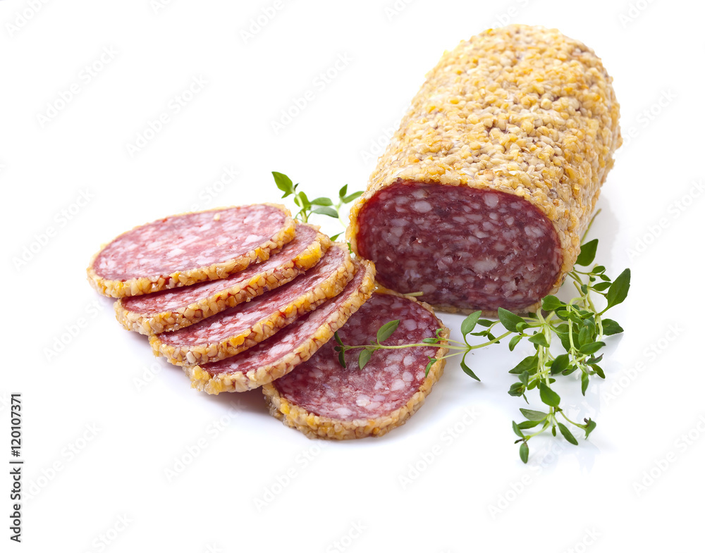 salami with thyme isolated on a white background salami with thyme isolated on a white background