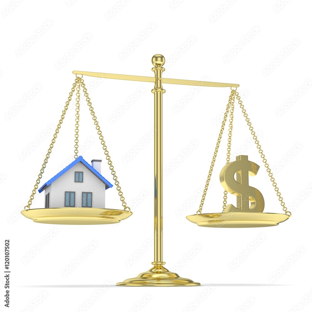 Isolated golden scales with golden dollar and house on white background. Investment or savings concept. Real estate and currency. 3D rendering. Isolated golden scales with golden dollar and house on white background. Investment or savings concept. Real estate and currency. 3D rendering.