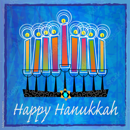 Decorative Hanukkah Greetings - Stylized menorah with colorful candles and Happy Hanukkah text on blue abstract background. Eps10