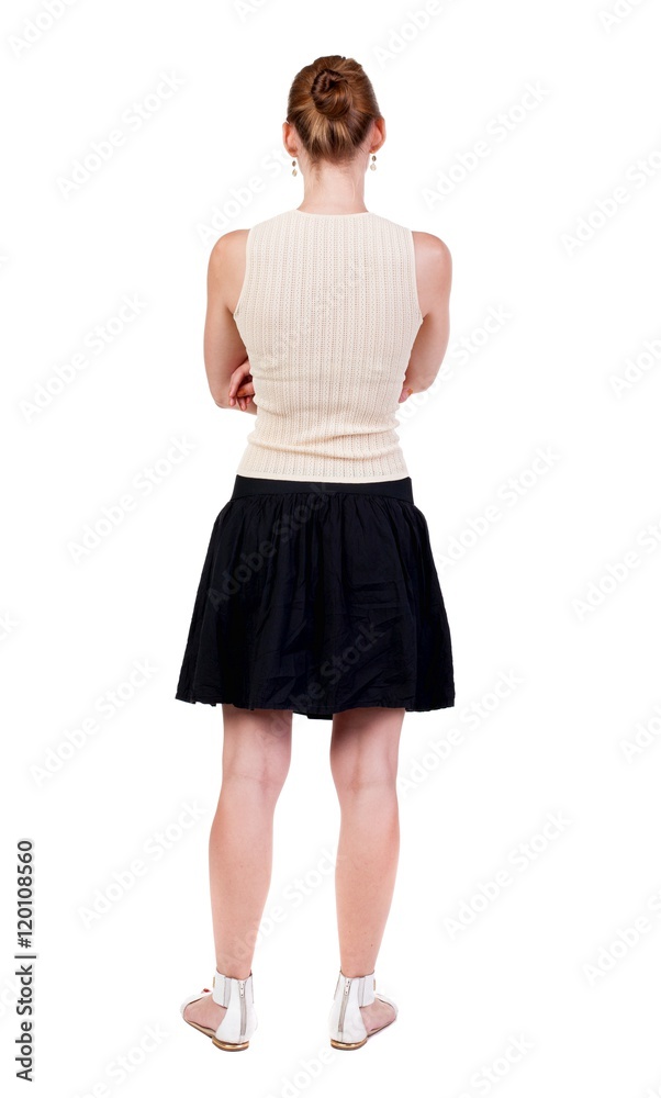 back view of standing young blonde woman. Rear view people collection.  backside view of person.  Isolated over white background.