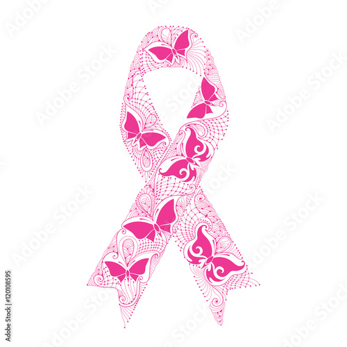 Canvas Print Vector illustration with lace pink ribbon with butterflies isolated on white background