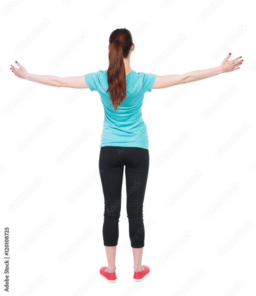back view of standing young beautiful woman in in sportswear involved in Pilates. Rear view people collection. backside view of person. Isolated over white background. athlete doing exercises for back view of standing young beautiful woman in in sportswear involved in Pilates. Rear view people collection. backside view of person. Isolated over white background. athlete doing exercises for