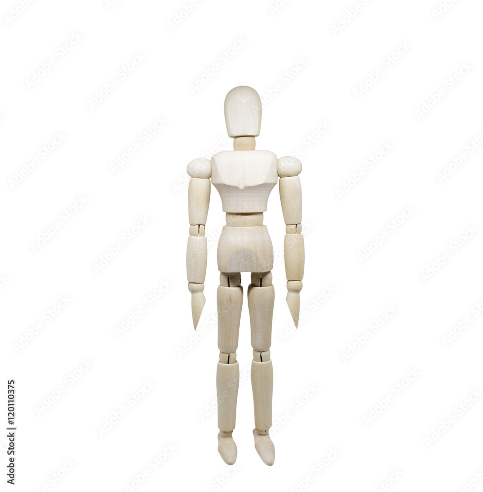 Wooden model pose alongside a separate white background. Wooden model pose alongside a separate white background.