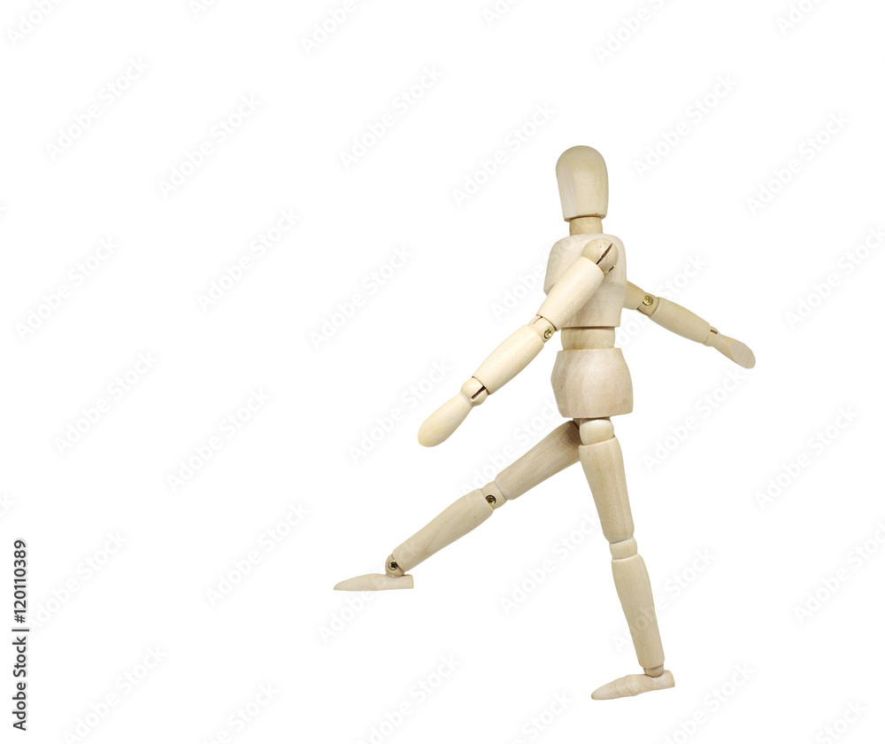 Wooden model pose alongside a separate white background. Wooden model pose alongside a separate white background.