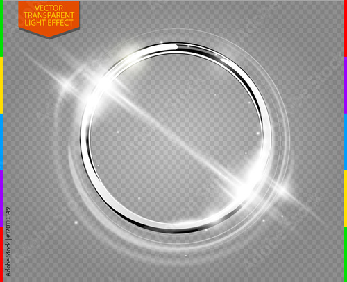 Abstract luxury chrome metal ring. Vector light circles and spark light effect. Sparkling glowing round frame on transparent. Sunny and cheerful background. Glow space for your message.