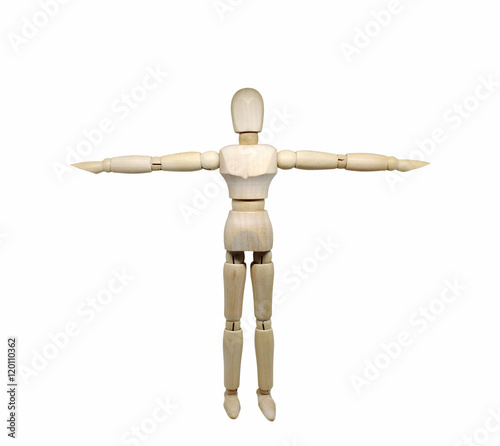 Wooden model pose alongside a separate white background.