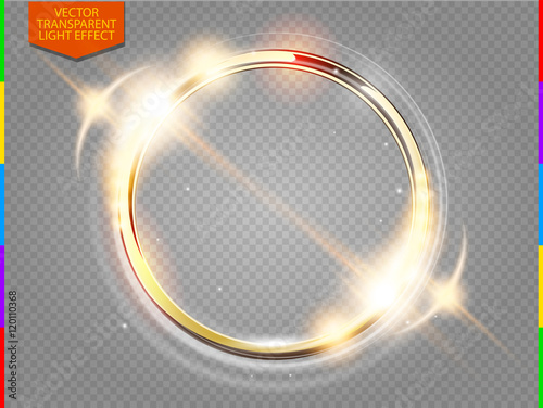 Abstract luxury golden ring. Vector light circles and spark light effect. Sparkling glowing round frame on transparent. Sunny and cheerful background. Glow space for your message.