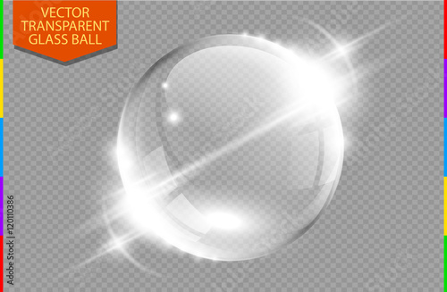 Abstract glass globe with light flares and moving light effect. Transparent ball background