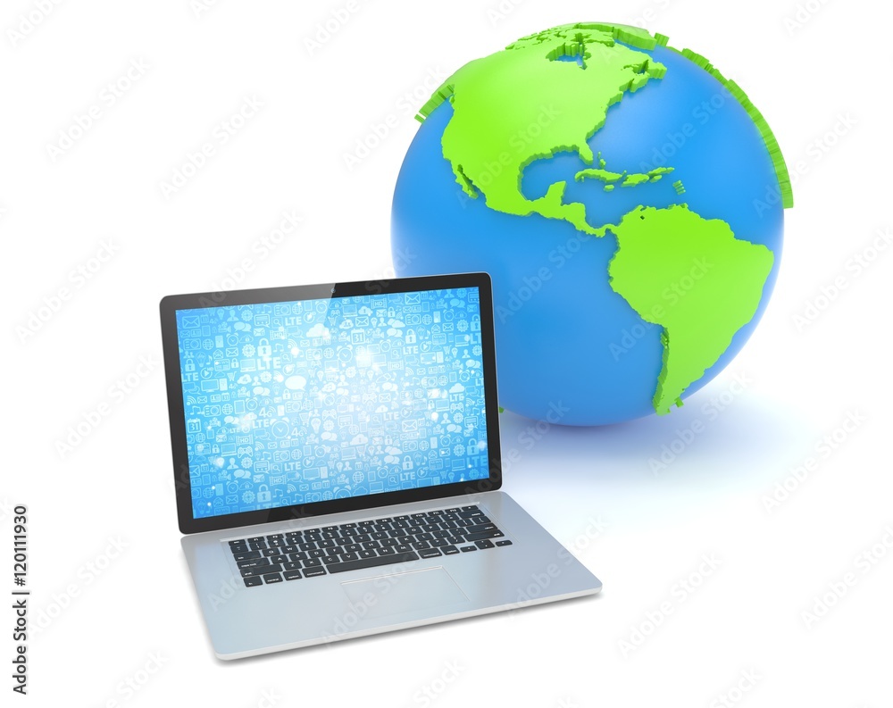 Laptop network and earth globe. 3d render Laptop network and earth globe. 3d render