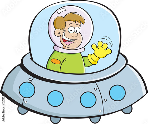 Cartoon illustration of a boy flying in a spacecraft.