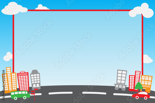 City, car, sky frame and template for instant photo corner or photobooth. Vector silhouette of the modern city. Abstract city template.