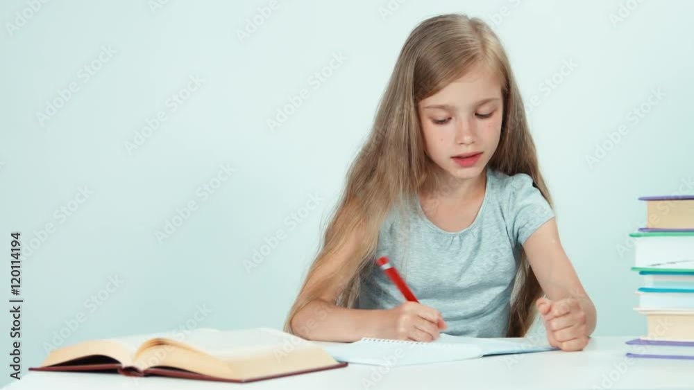 Girl something writing in her notebook and smiling at camera. Isolated on white Girl something writing in her notebook and smiling at camera. Isolated on white