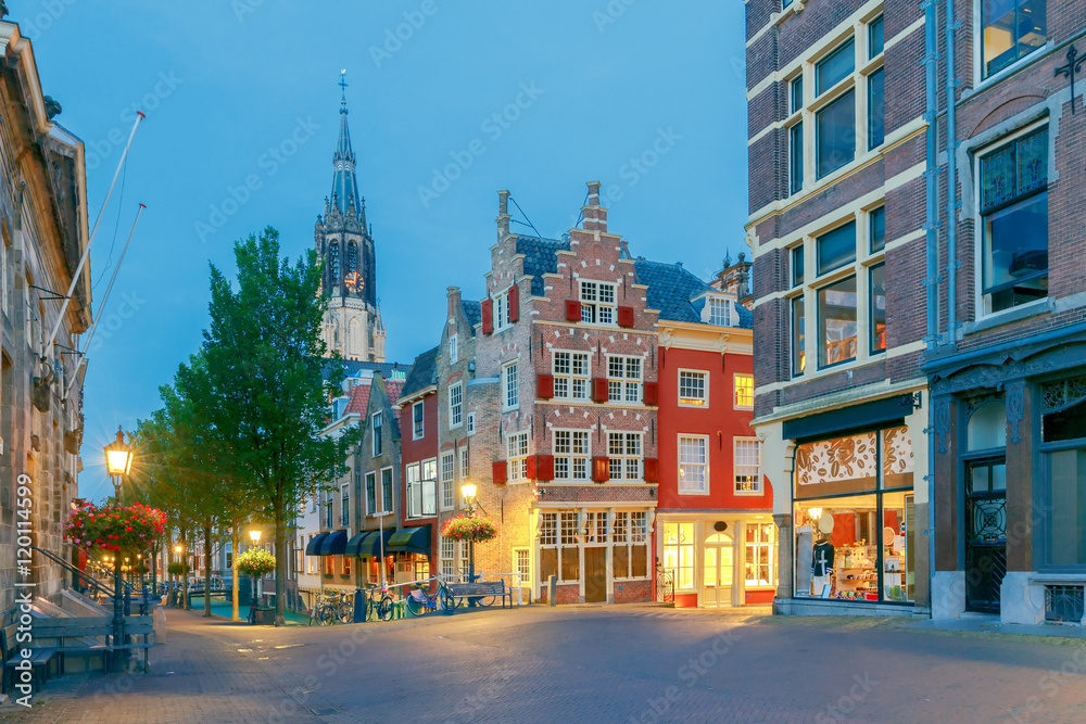 Delft. City street in night light.