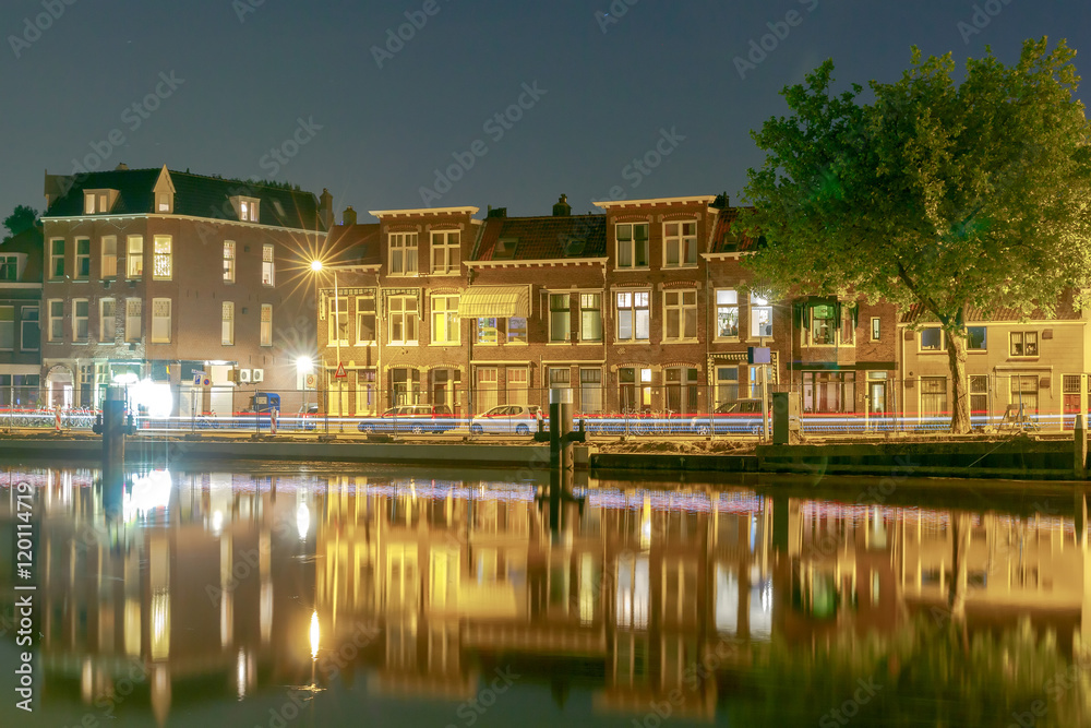 Delft. City Canal at night.