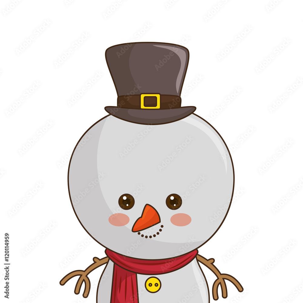 happy cartoon kawaii snowman smiling with hat and red scarf. vector illustration happy cartoon kawaii snowman smiling with hat and red scarf. vector illustration