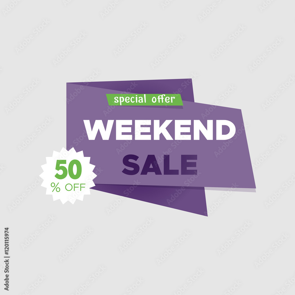 Weekend sale special offer banner,up to 50% off.Vector illustration.Use for advertising product or service. Hot Offer label or sticker. Sale tag.Violet icon on white background.Icon for special offer. Weekend sale special offer banner,up to 50% off.Vector illustration.Use for advertising product or service. Hot Offer label or sticker. Sale tag.Violet icon on white background.Icon for special offer.