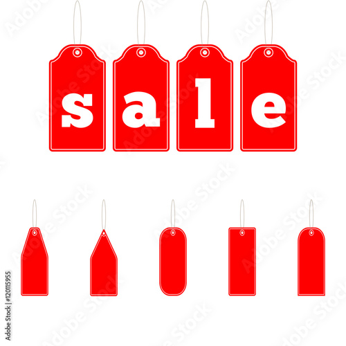 Isolated red hanging sales tags on whie background. Sale savings labels set. Concept of discount shopping. Stock vector. Red label. Icon for special offer.