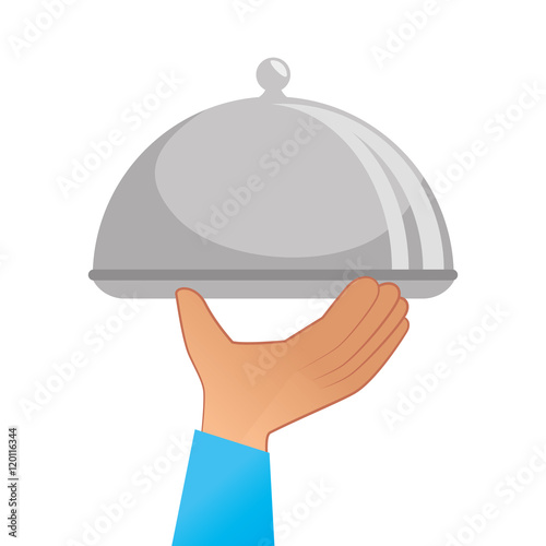 hand holding ametal platter restaurant. waiter service element
