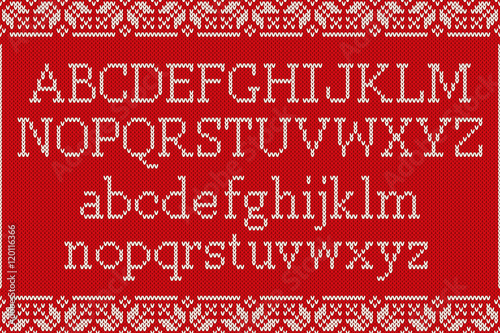 Christmas Knitted Font. Knitted Latin Alphabet on Seamless Background. Nordic Fair Isle Knitting Sweater Design
