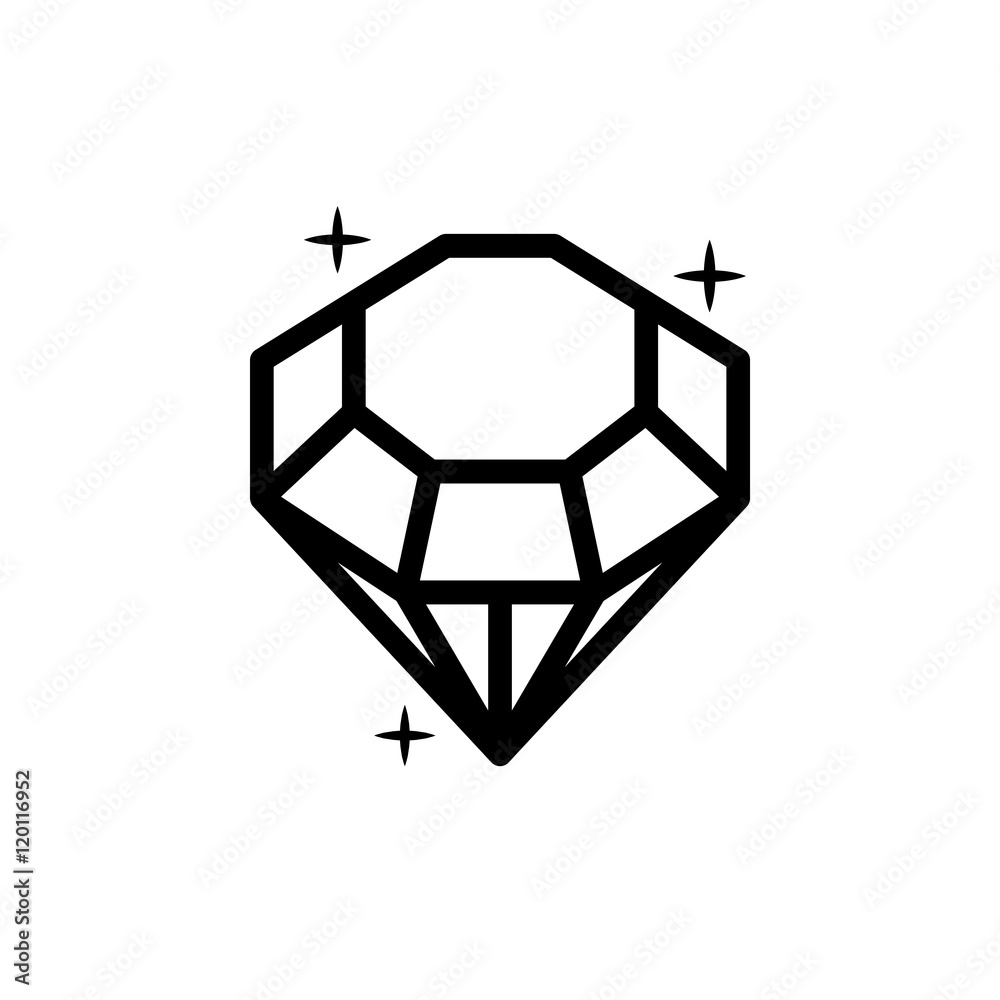 Diamond icon. Vector Illustration. Shiny crystal sign. Brilliant stone. Black stroke isolated on white background. Fashion modern design. Flat element. Symbol gift, jewel, gem or royal, rich. Diamond icon. Vector Illustration. Shiny crystal sign. Brilliant stone. Black stroke isolated on white background. Fashion modern design. Flat element. Symbol gift, jewel, gem or royal, rich.