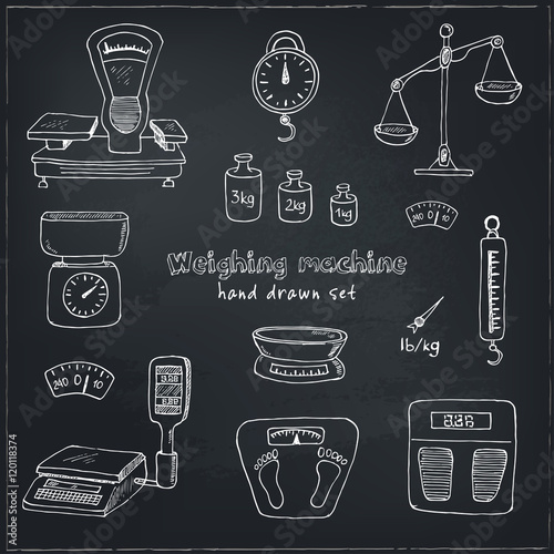 Doodle weighing machine set tools vector