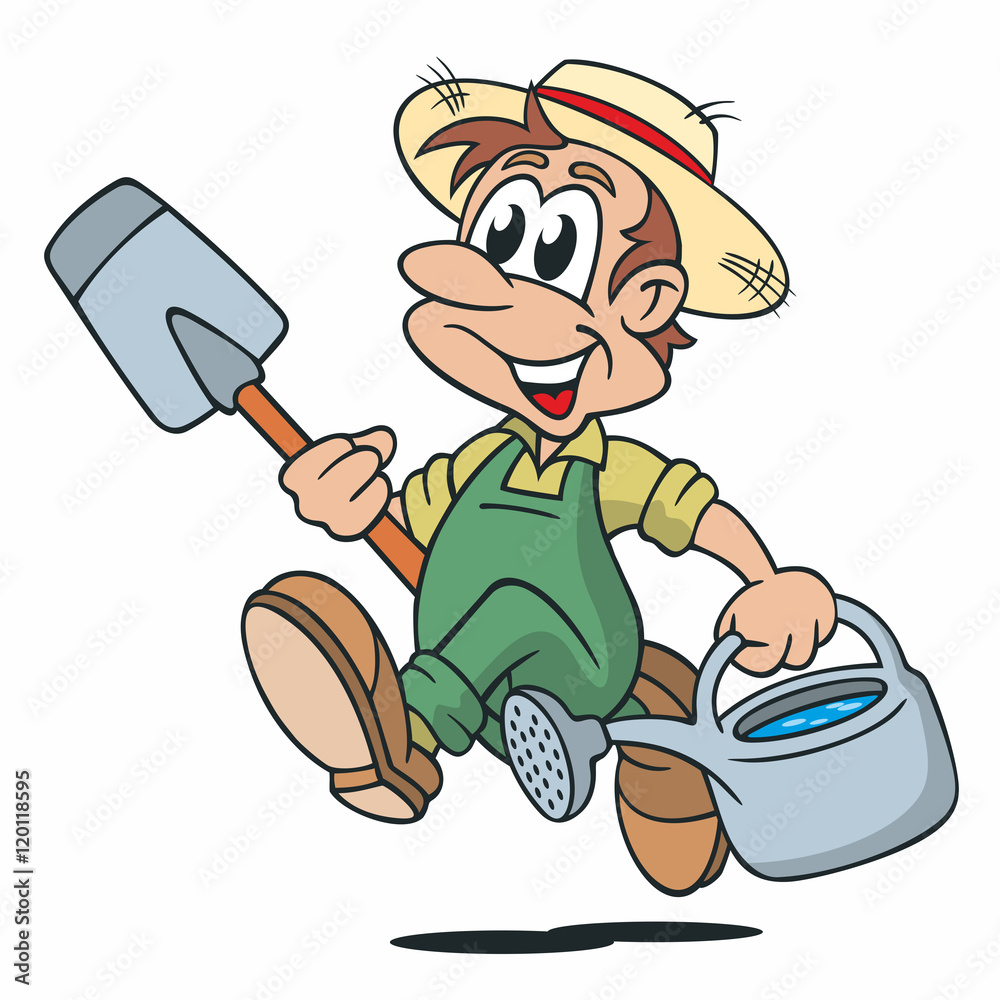 Comic Cartoon Gärtner Strohhut Spaten Gießkanne Stock Vector Adobe Stock