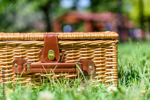 Picnic Basket Hamper With Leather Handle In Green Grass