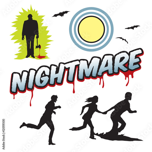 Nightmare word headline with people running and moon