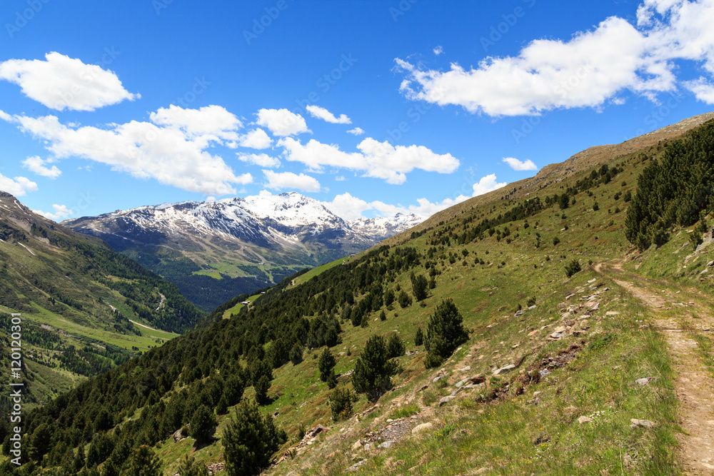 Mountain Monte Sobretta and hiking path in Ortler Alps, Italy