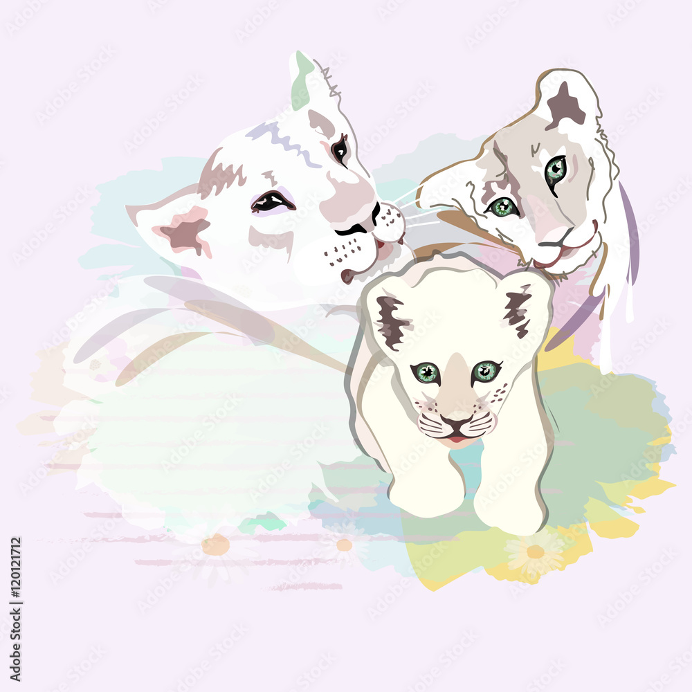 Abstract watercolor illustration of a happy Lion family (mother, two baby