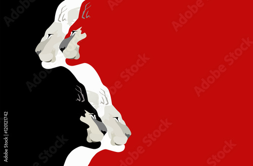 Fototapeta Naklejka Na Ścianę i Meble -  Abstract watercolor illustration of two pair  lion head (color red  white and black), force logo, emblem of power, pattern free animals