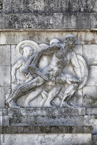 Bas-relief and sculpture of ancient Roman soldiers with war scenes  Carrara marble