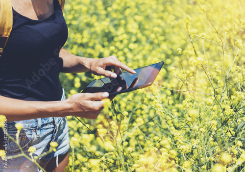 Hipster texting message on tablet computer, mockup blank screen. Girl traveler using gadget on yellow flowers background close. Female hands photographer take view on cell camera. Copy space for text
